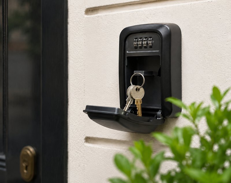 Exterior wall-mounted key safe with combination lock and keys, beside dark door frame