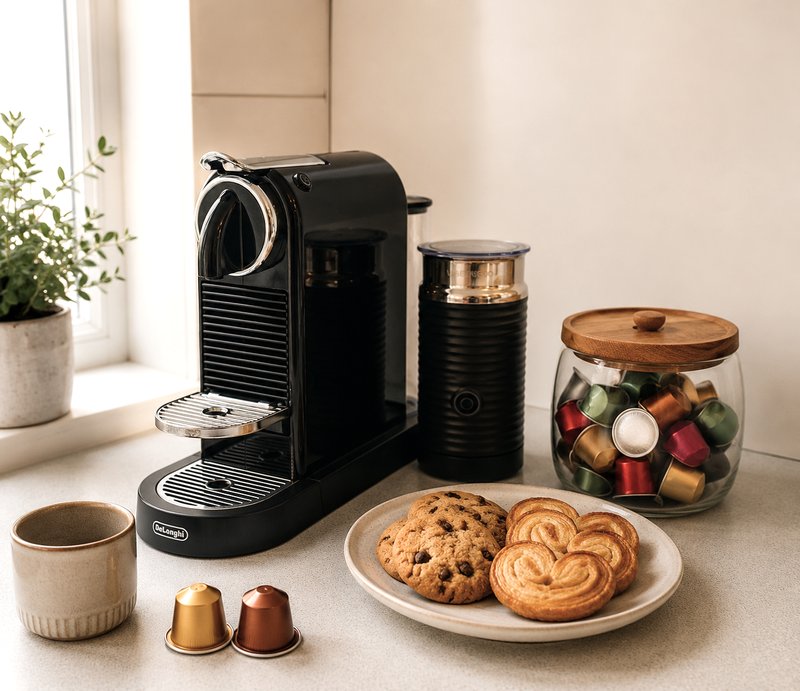 Kitchen counter with black coffee machine, milk frother, pastries on plate, coffee capsules and mug