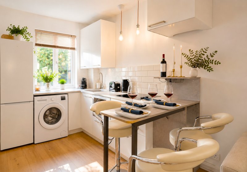 Modern kitchen with white cabinetry, subway tile backsplash, wooden dining table and bar stools