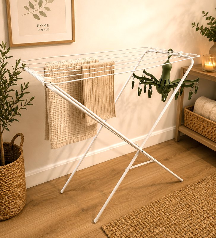 Laundry room with white drying rack, woven baskets, potted plants, and wooden flooring