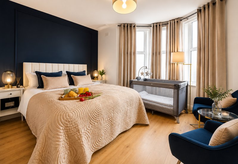 Modern bedroom with double bed, dark accent wall, gold lighting, and contemporary furnishings
