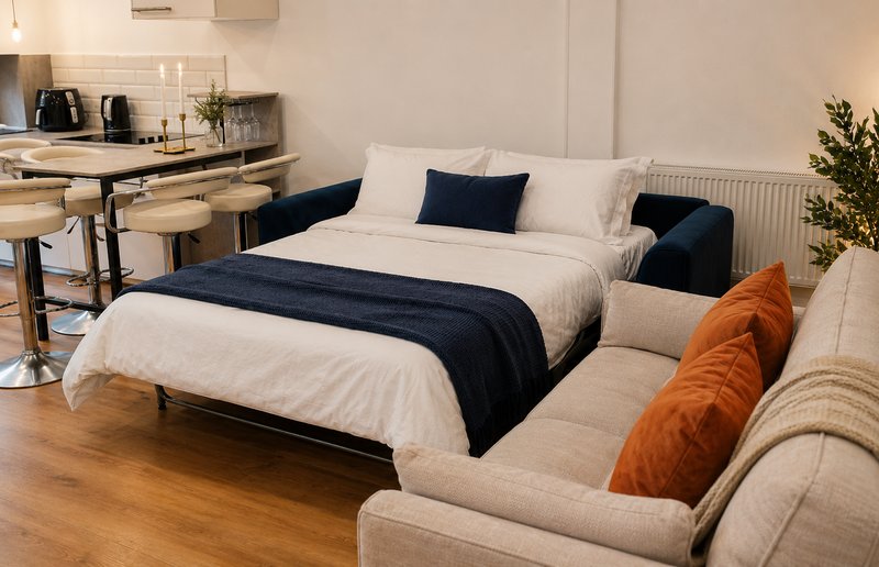 Studio bedroom with double bed, seating area, kitchenette and wooden flooring