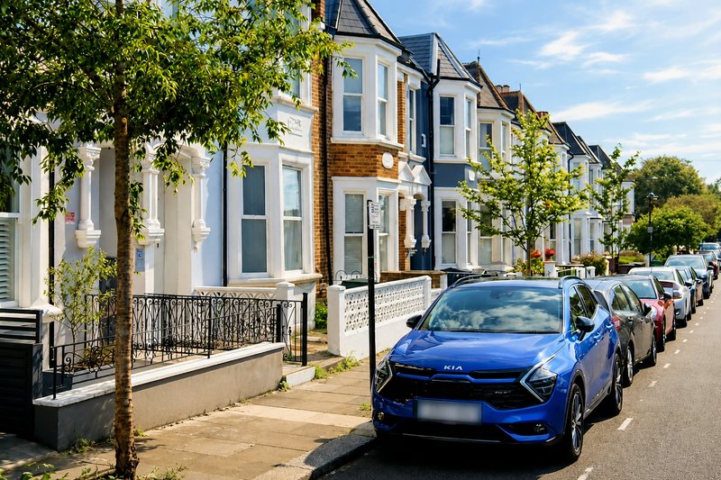 Row of Victorian townhouses with parked cars on street, trees and railings visible