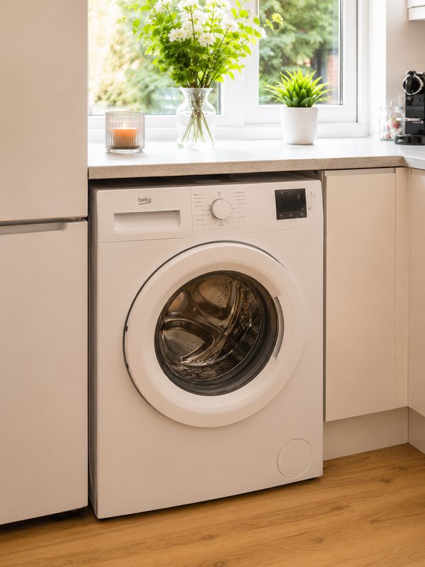 Kitchen with white washing machine, window with potted plants and natural light