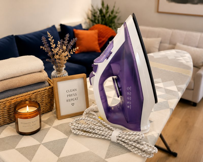 Laundry room with iron, folded linens, candle, dried flowers and decorative sign on table