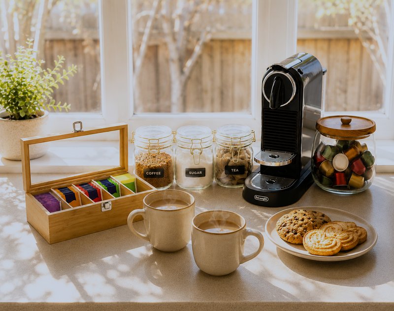 Kitchen counter with coffee machine, mugs, tea organizer, jars, and biscuits by window