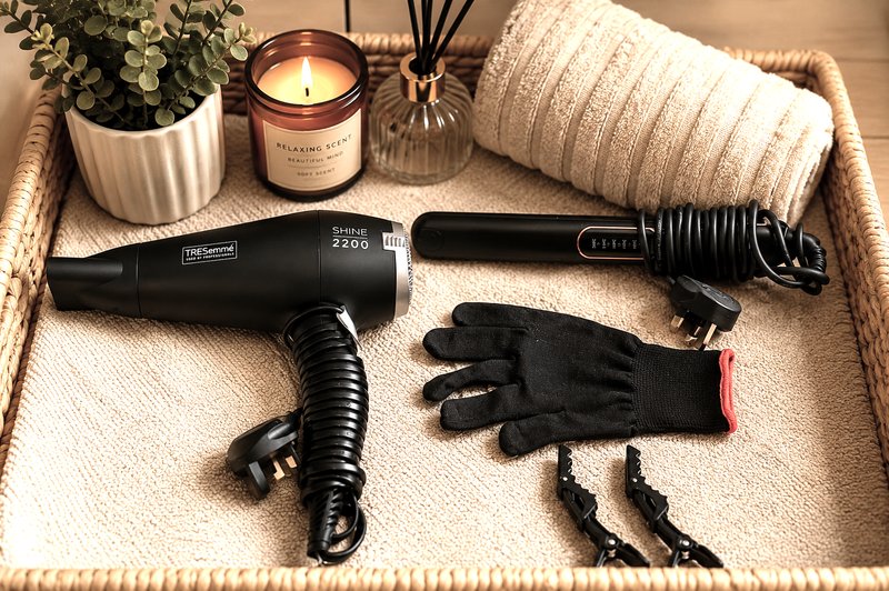 Wicker basket with hair styling tools, candle, plant, rolled towel and gloves