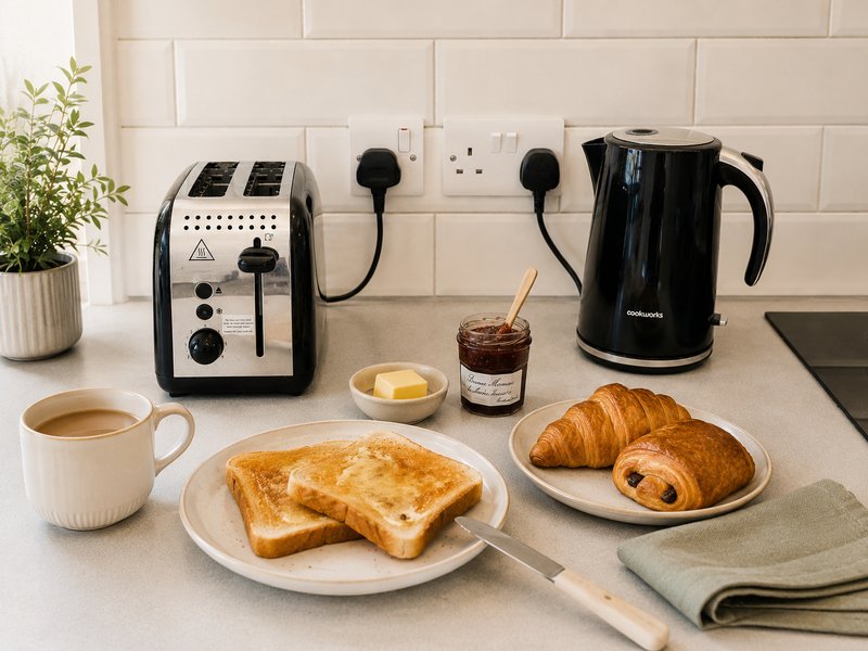 Modern kitchen counter with toaster, kettle, coffee cup, toast and croissants on plates