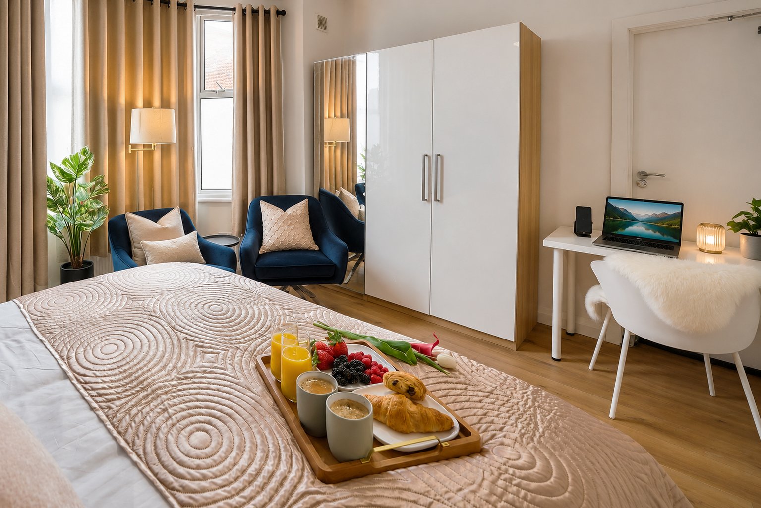 Modern bedroom with bed, desk, seating area, wardrobe and welcome refreshments