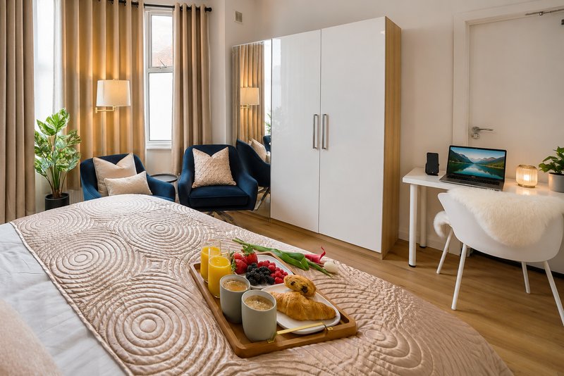 Modern bedroom with bed, desk, seating area, wardrobe and welcome refreshments