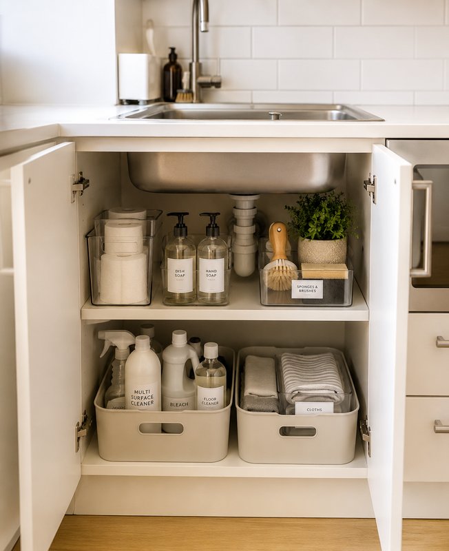 Under-sink kitchen cabinet with organized cleaning supplies, toiletries, and storage containers
