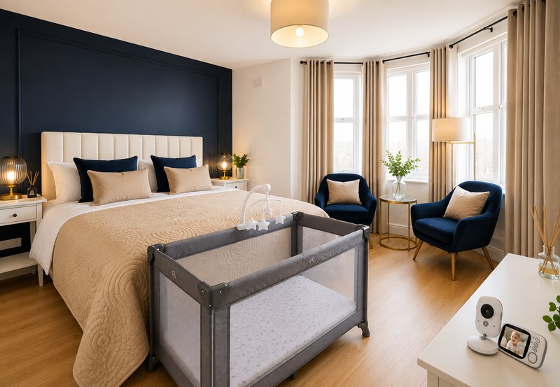 Modern bedroom with double bed, dark accent wall, armchairs, portable crib and large windows