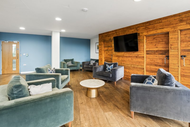 Open-plan living room with wooden feature wall, blue accent wall, grey sofas, round coffee table and mounted TV