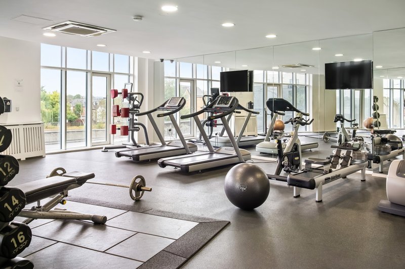 Modern gym with treadmills, exercise bikes, weight equipment and large windows