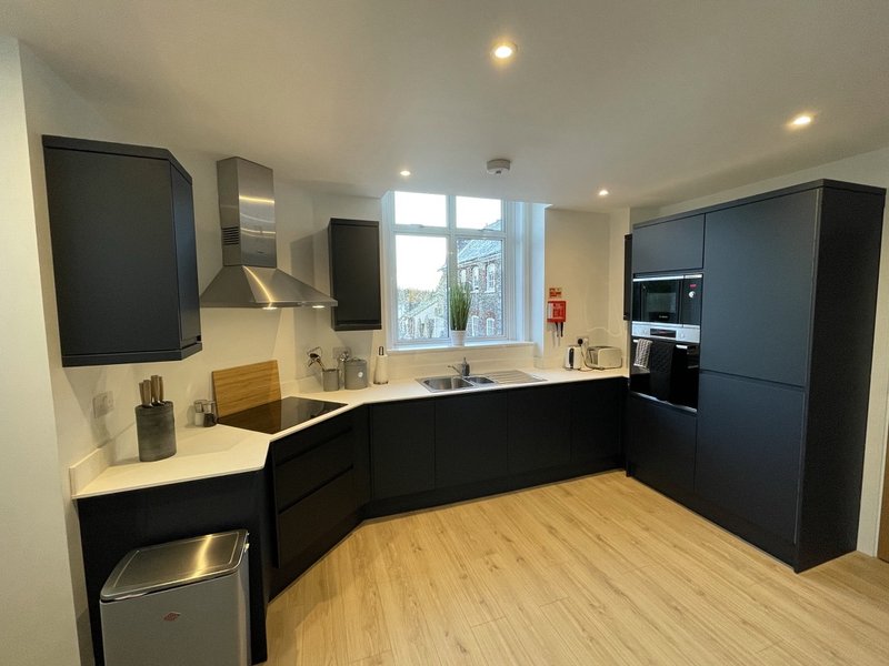 Modern kitchen with black cabinetry, light wood flooring, stainless steel appliances and window