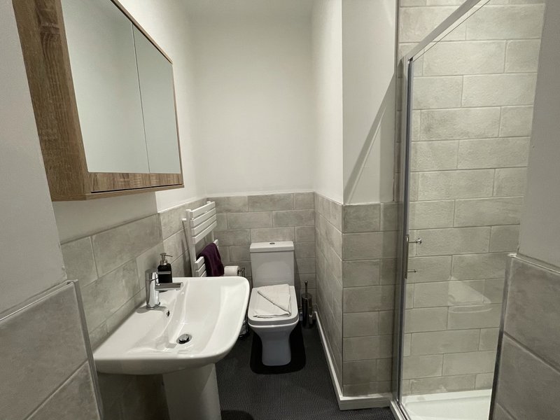 Modern bathroom with white sink, toilet, mirror and tiled shower enclosure