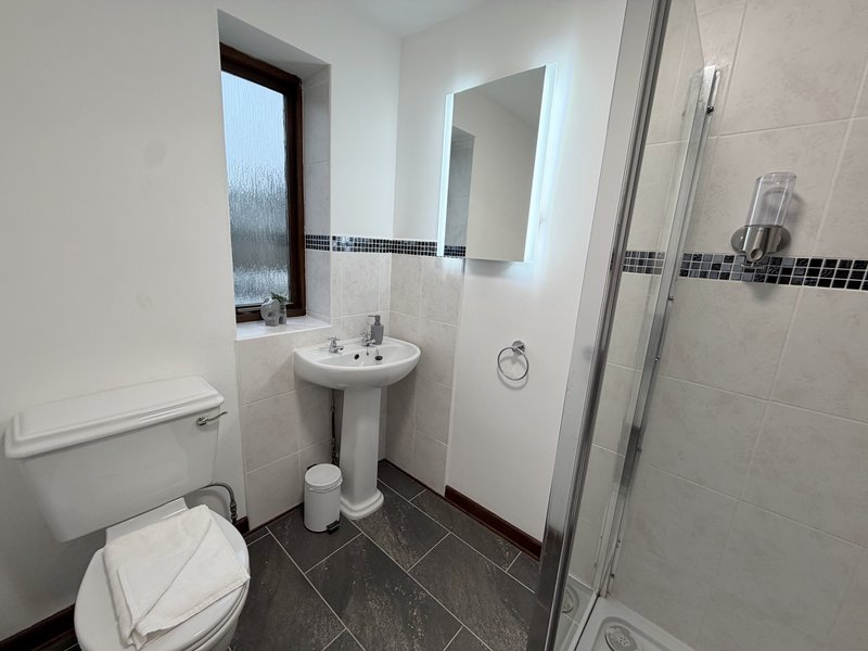Clean bathroom with toilet, pedestal sink, mirror, shower cubicle and dark tile flooring