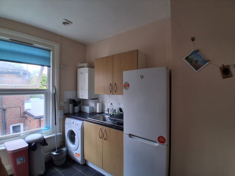 Kitchen with wooden cabinets, white fridge, washing machine, and window overlooking street