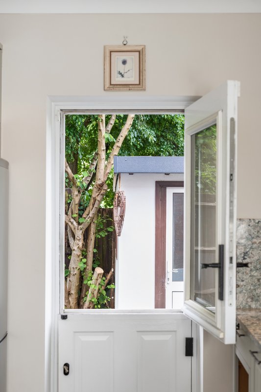 White interior door with glass panel opening to garden view with tall tree