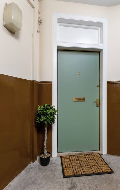Entrance hallway with turquoise door, brown panelling, potted plant and doormat