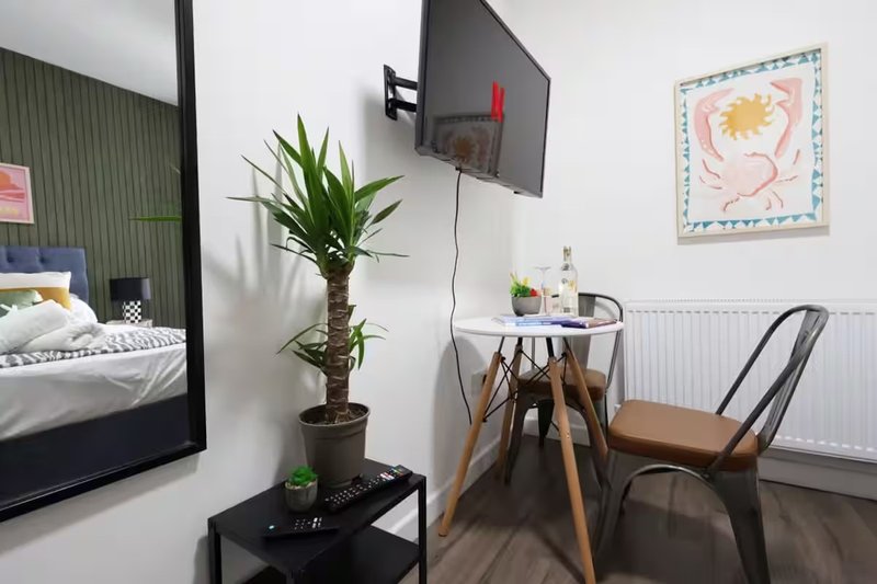 Modern studio bedroom with desk, chair, potted plant, wall-mounted TV and framed artwork