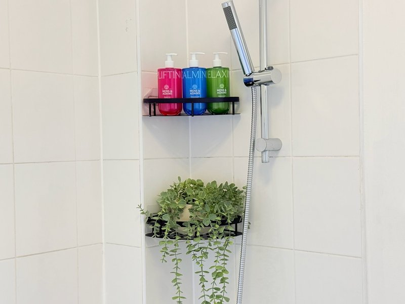 Bathroom shower corner with white tiles, showerhead, and shelving holding toiletries and hanging plants