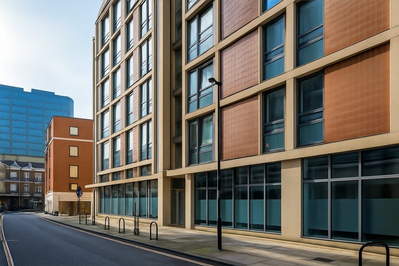 Modern residential building exterior with brick and stone facade, ground-level windows and street view