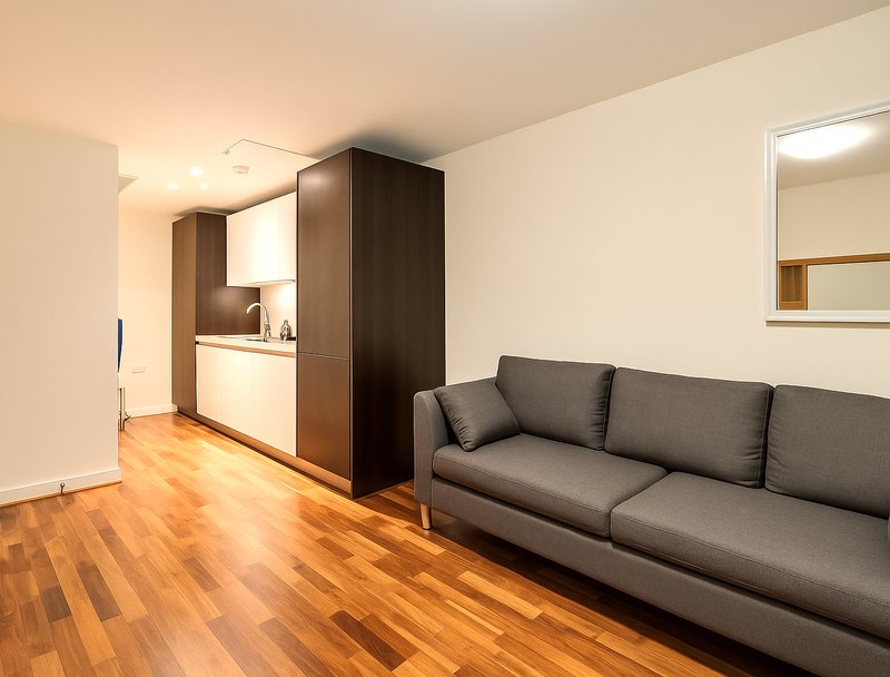 Modern living room with grey sofa, wooden flooring, and kitchenette with dark cabinetry