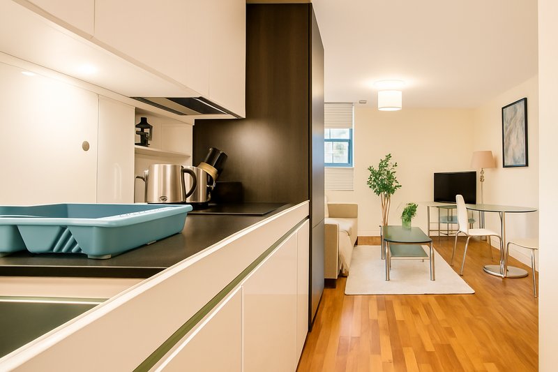 Modern open-plan kitchen and living area with white cabinetry, dining table, and wooden flooring