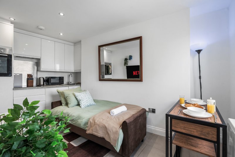 Studio apartment with kitchenette, bed with green bedding, mirror, plant and side table