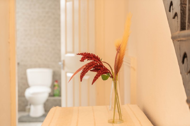 Hallway with vase of red flowers, toilet visible through open door