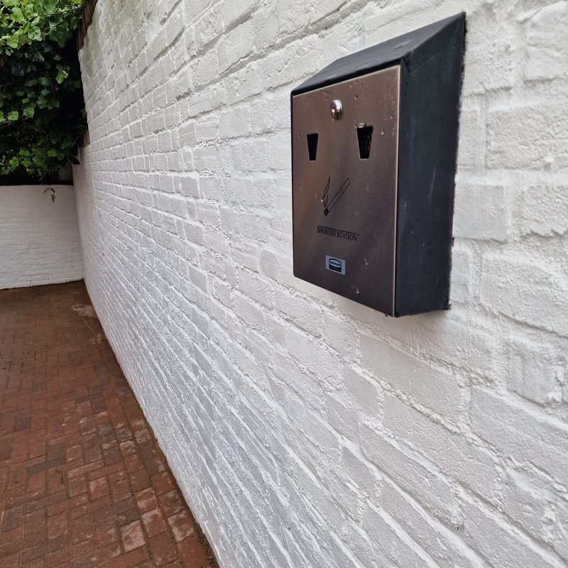 White painted brick exterior wall with mounted electrical outlet cover and climbing ivy