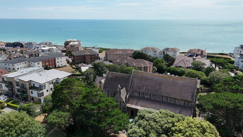 Aerial view of coastal town with historic buildings, green trees and sea horizon