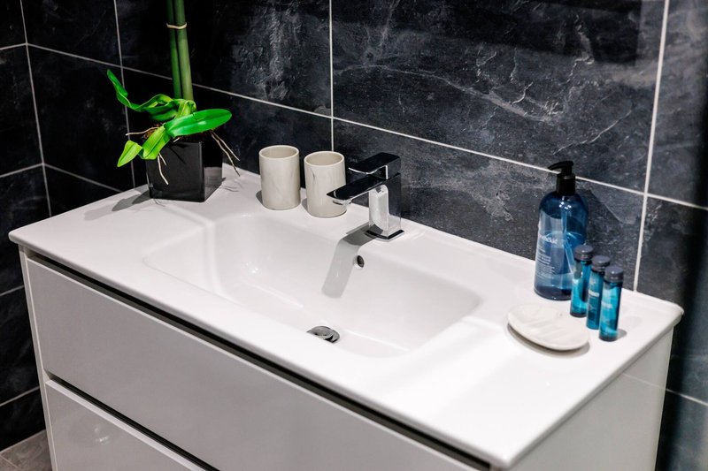 Modern bathroom vanity with double sink, black tile wall, potted plant and toiletries