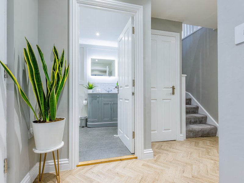 Bright hallway with herringbone wood flooring, white doors, potted plant, and view into modern bathroom