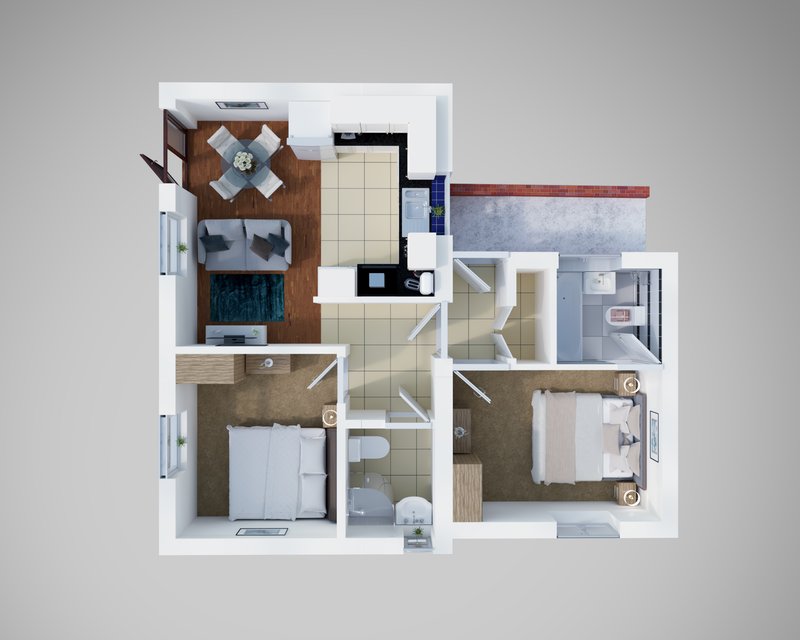 3D floor plan showing apartment layout with living room, two bedrooms, kitchen and bathrooms