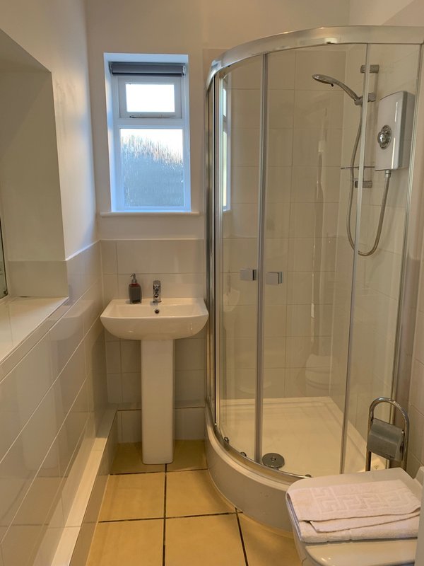 Modern bathroom with pedestal sink, shower enclosure, window and wooden floor