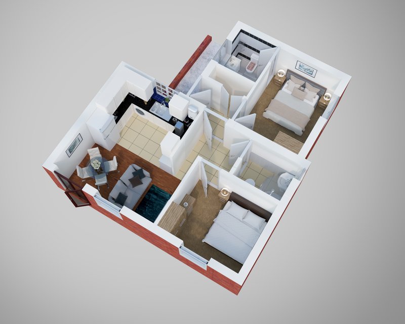 3D floor plan layout showing two bedrooms, bathroom, kitchen and living areas