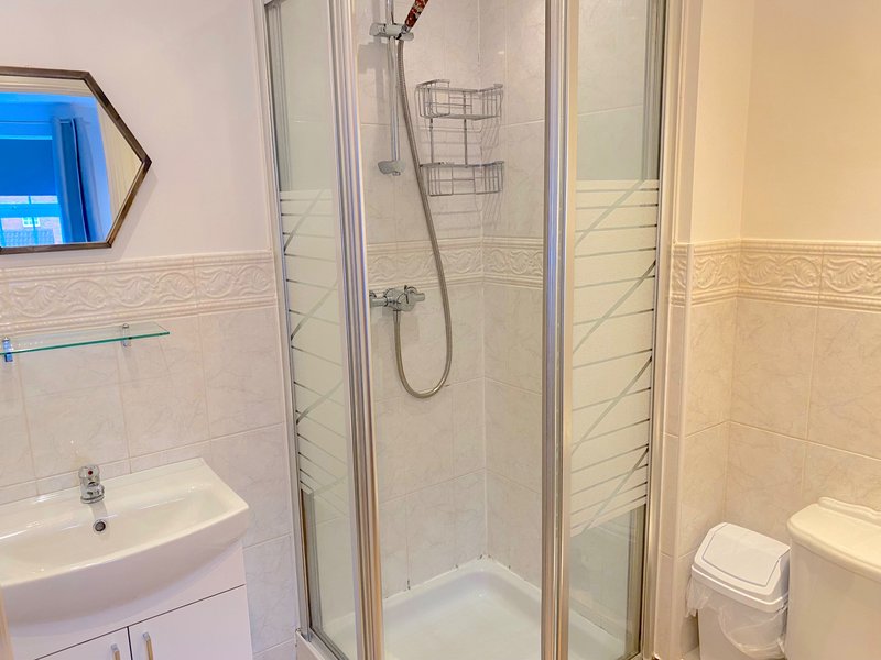 Modern bathroom with shower enclosure, white sink, toilet and mirror