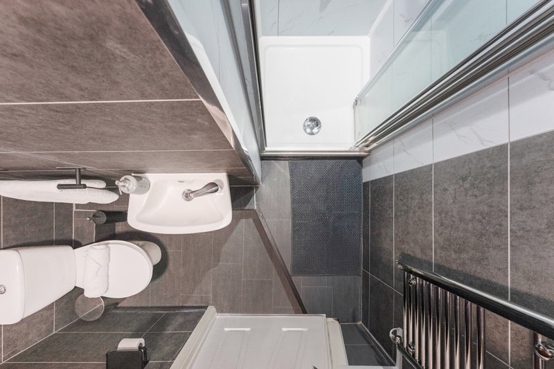 Modern bathroom with overhead shower, sink, toilet and skylight window