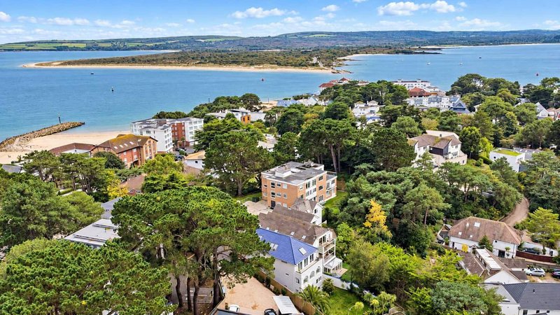 Aerial view of coastal residential area with beach, trees, houses and blue water