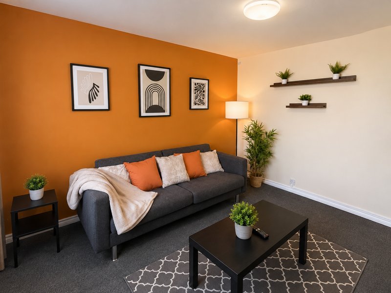 Living room with dark sofa, orange accent wall, framed artwork, and coffee table