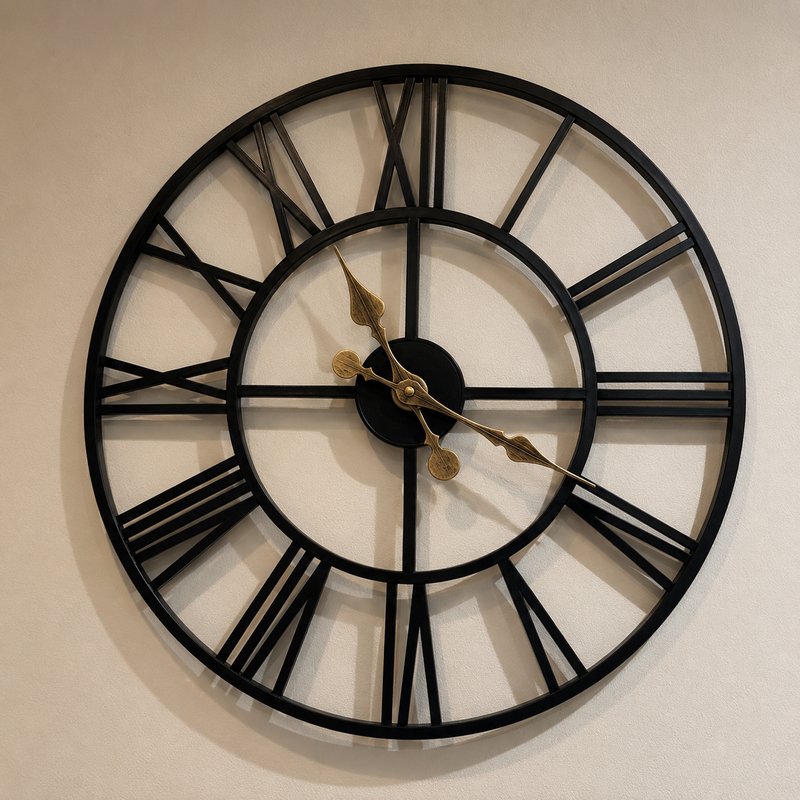 Large black wall clock with Roman numerals and brass hands on cream wall
