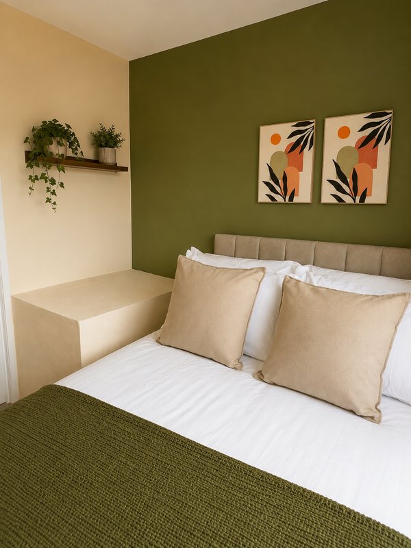 Modern bedroom with olive green accent wall, bed with cushions, wall art, and floating shelf with plants