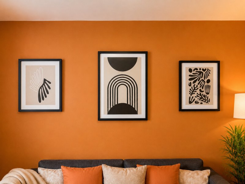 Bright orange living room wall with three framed abstract artworks and sofa with colorful cushions