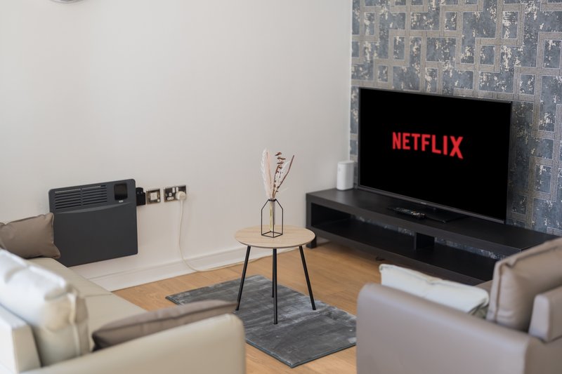 Living room with television displaying Netflix logo, sofa, side table with vase, and wooden flooring