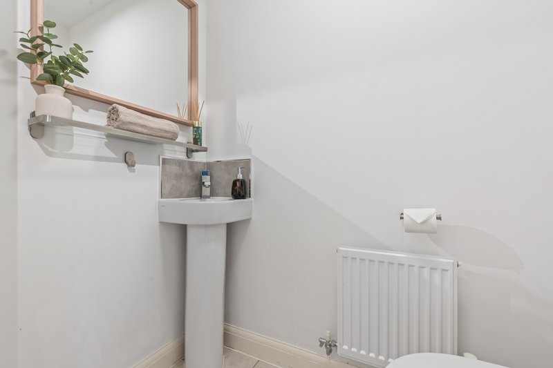 Bathroom with pedestal sink, mirror, radiator and potted plant on shelf
