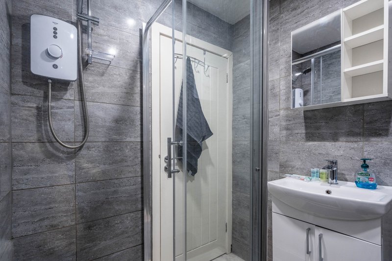 Modern bathroom with grey tile walls, enclosed shower, white vanity sink and mirrored cabinet