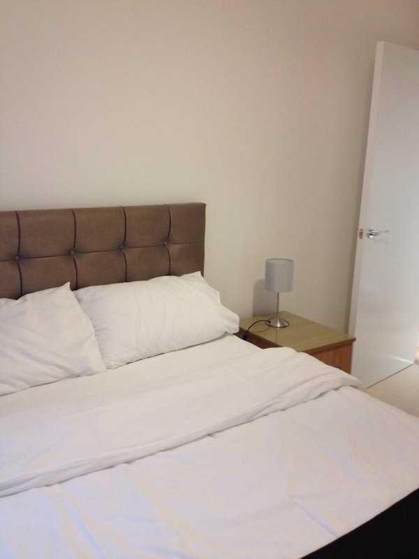 Bedroom with double bed, brown upholstered headboard, white bedding, and bedside lamp