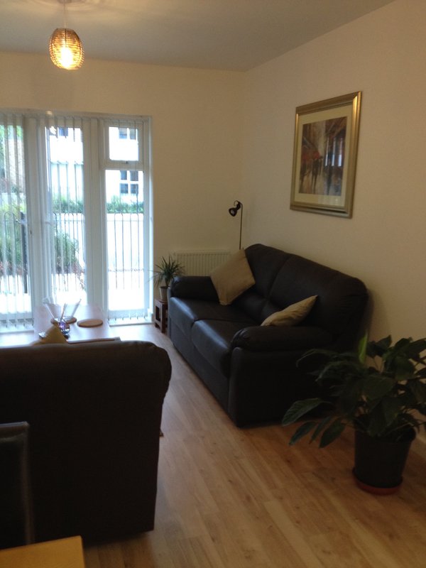 Living room with black leather sofa, armchair, wooden floor, and glass doors to garden